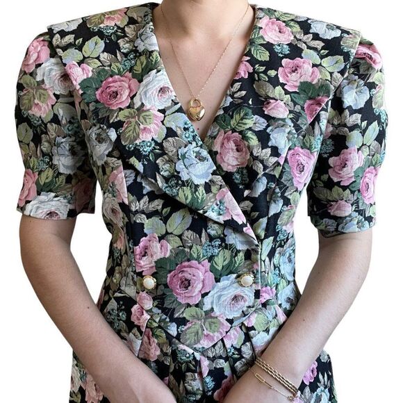 Jessica Howard 80s Dark Floral Secretary Boho Prairie Retro Mini Dress Sz M - Picture 4 of 11